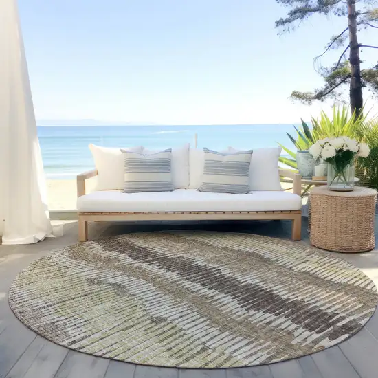 8' Taupe Brown And Beige Round Striped Washable Indoor Outdoor Area Rug Photo 6