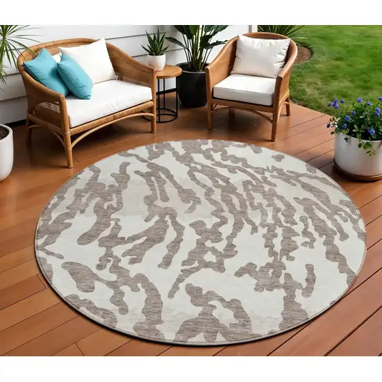 8' Taupe Brown And Ivory Round Animal Print Washable Indoor Outdoor Area Rug Photo 8