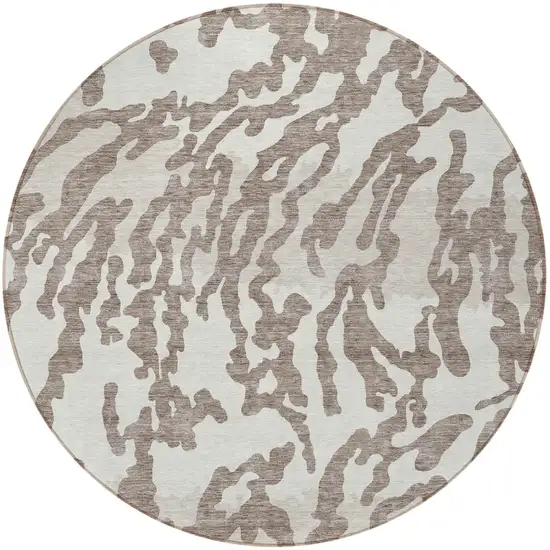 8' Taupe Brown And Ivory Round Animal Print Washable Indoor Outdoor Area Rug Photo 3
