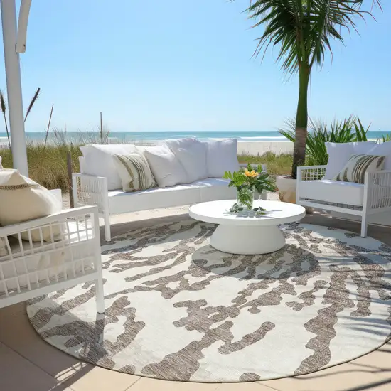 8' Taupe Brown And Ivory Round Animal Print Washable Indoor Outdoor Area Rug Photo 4
