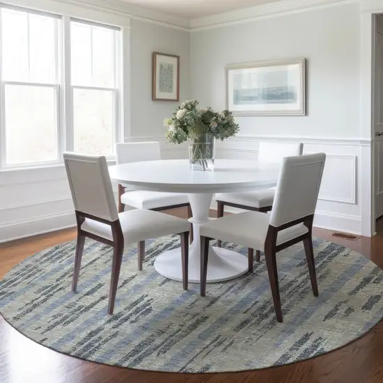 8' Taupe Gray And Blue Round Striped Washable Indoor Outdoor Area Rug Photo 7