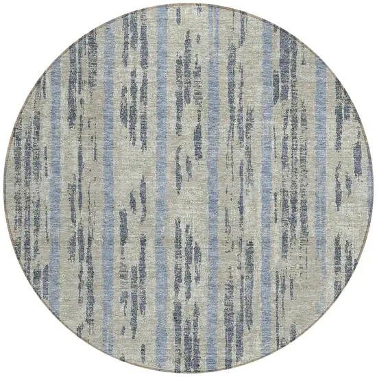 8' Taupe Gray And Blue Round Striped Washable Indoor Outdoor Area Rug Photo 5