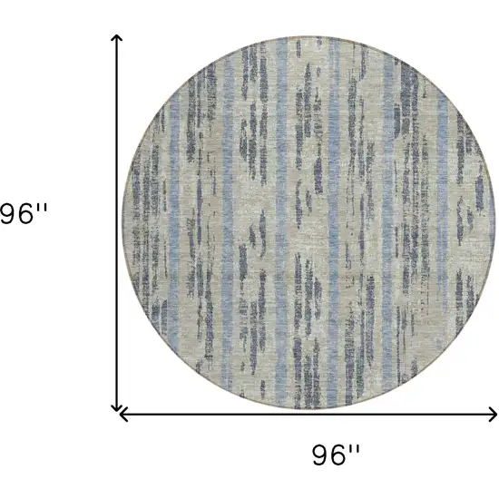 8' Taupe Gray And Blue Round Striped Washable Indoor Outdoor Area Rug Photo 3