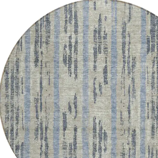 8' Taupe Gray And Blue Round Striped Washable Indoor Outdoor Area Rug Photo 4