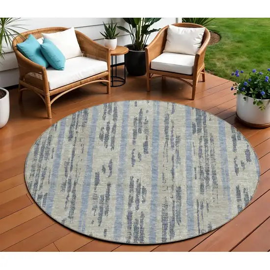 8' Taupe Gray And Blue Round Striped Washable Indoor Outdoor Area Rug Photo 1