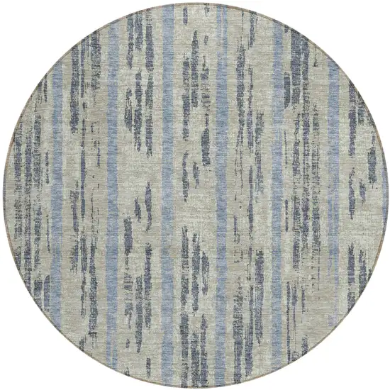 8' Taupe Gray And Blue Round Striped Washable Indoor Outdoor Area Rug Photo 2
