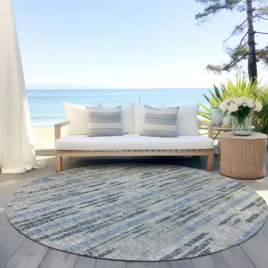 8' Taupe Gray And Blue Round Striped Washable Indoor Outdoor Area Rug Photo 6