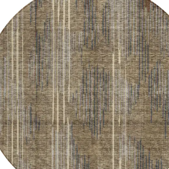8' Taupe Gray And Ivory Round Striped Washable Indoor Outdoor Area Rug Photo 5