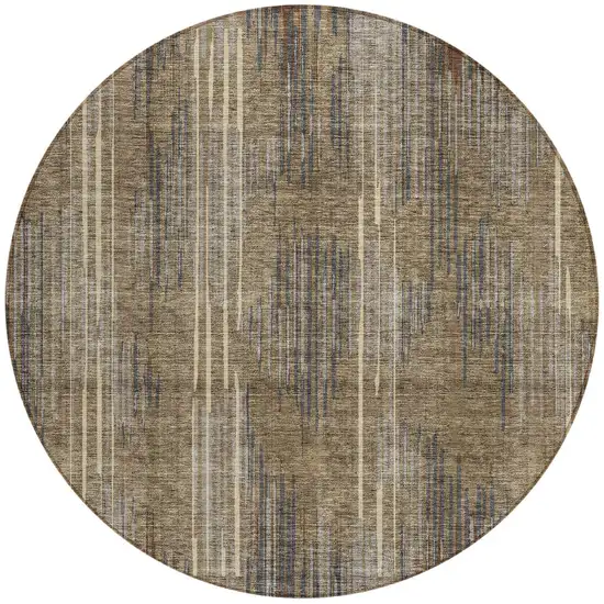 8' Taupe Gray And Ivory Round Striped Washable Indoor Outdoor Area Rug Photo 6