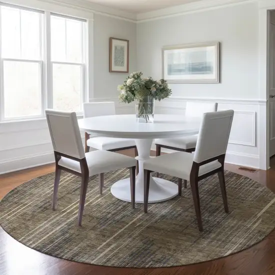 8' Taupe Gray And Ivory Round Striped Washable Indoor Outdoor Area Rug Photo 8