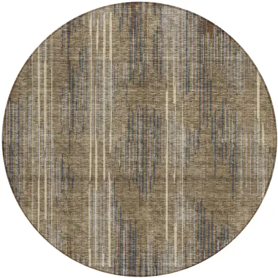 8' Taupe Gray And Ivory Round Striped Washable Indoor Outdoor Area Rug Photo 2