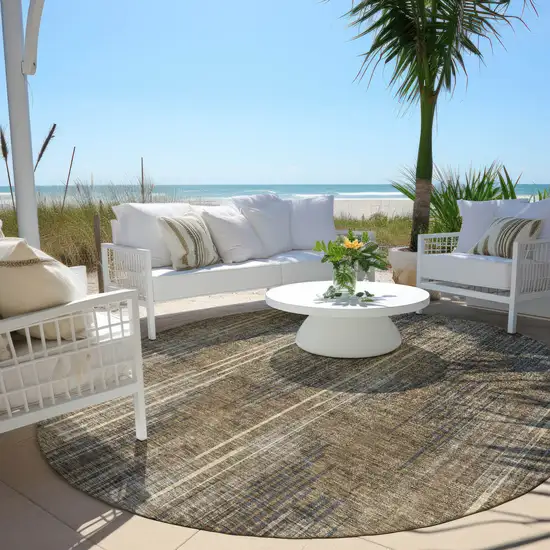 8' Taupe Gray And Ivory Round Striped Washable Indoor Outdoor Area Rug Photo 7