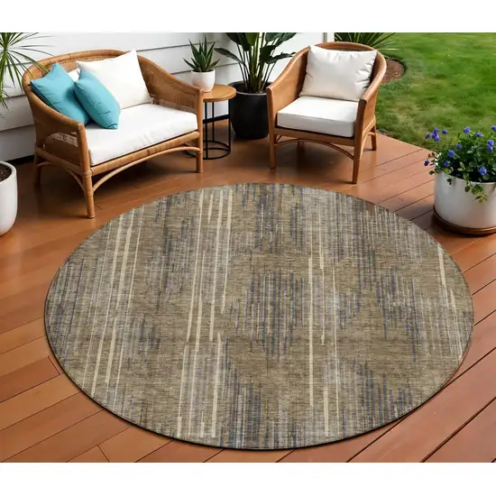 8' Taupe Gray And Ivory Round Striped Washable Indoor Outdoor Area Rug Photo 1