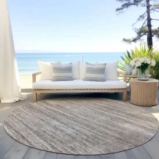 8' Taupe Gray And Ivory Round Striped Washable Indoor Outdoor Area Rug Photo 6