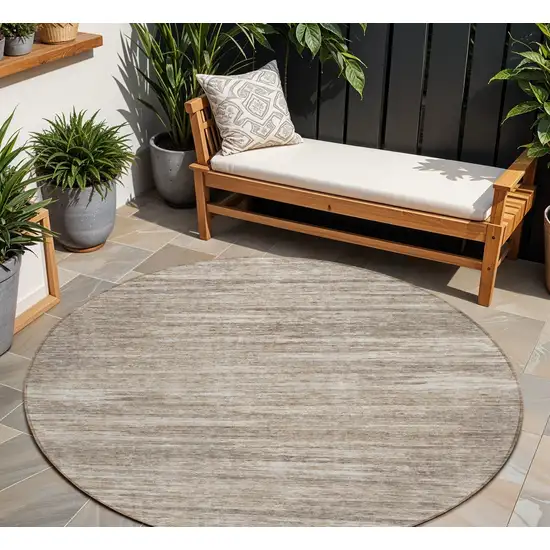 8' Taupe Gray And Ivory Round Striped Washable Indoor Outdoor Area Rug Photo 1