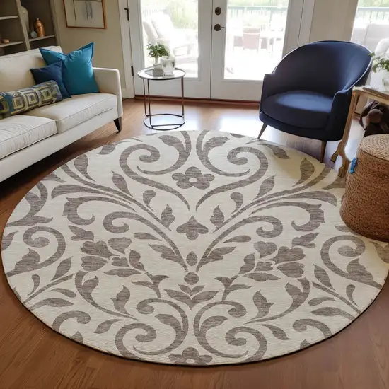 8' Taupe Round Floral Washable Indoor Outdoor Area Rug Photo 7