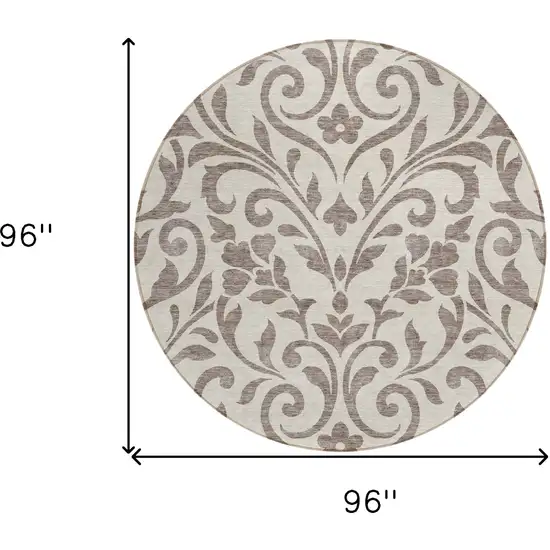 8' Taupe Round Floral Washable Indoor Outdoor Area Rug Photo 3