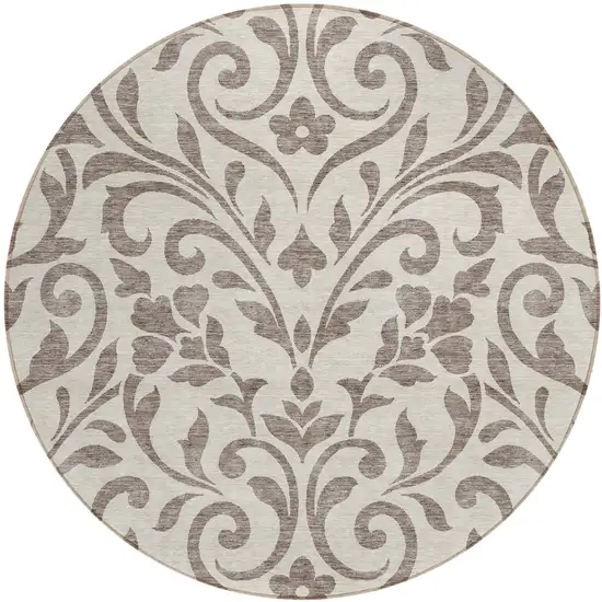 8' Taupe Round Floral Washable Indoor Outdoor Area Rug Photo 2