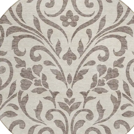 8' Taupe Round Floral Washable Indoor Outdoor Area Rug Photo 4