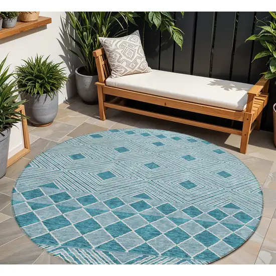 8' Teal Blue And Aqua Round Geometric Washable Indoor Outdoor Area Rug Photo 1