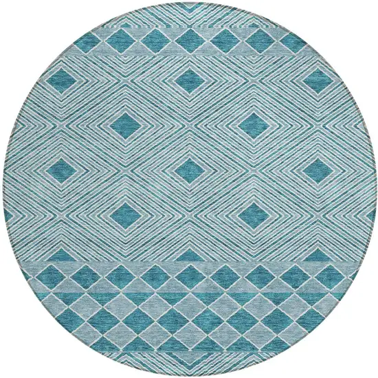 8' Teal Blue And Aqua Round Geometric Washable Indoor Outdoor Area Rug Photo 4