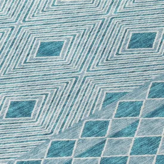 8' Teal Blue And Aqua Round Geometric Washable Indoor Outdoor Area Rug Photo 8