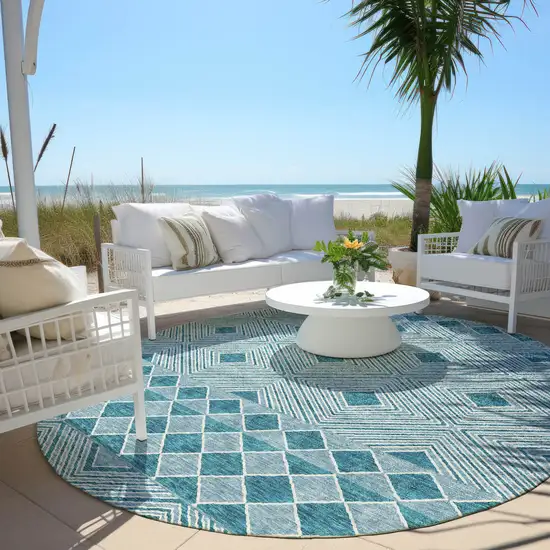 8' Teal Blue And Aqua Round Geometric Washable Indoor Outdoor Area Rug Photo 6