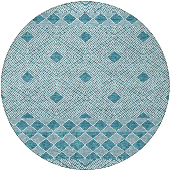 8' Teal Blue And Aqua Round Geometric Washable Indoor Outdoor Area Rug Photo 5