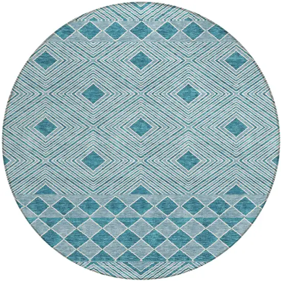 8' Teal Blue And Aqua Round Geometric Washable Indoor Outdoor Area Rug Photo 2