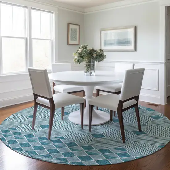 8' Teal Blue And Aqua Round Geometric Washable Indoor Outdoor Area Rug Photo 7