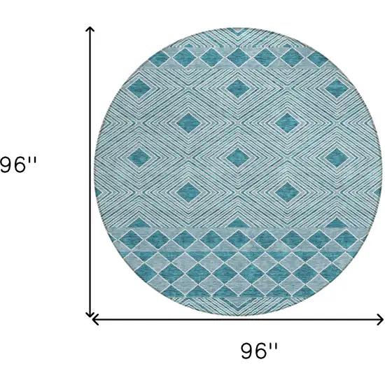 8' Teal Blue And Aqua Round Geometric Washable Indoor Outdoor Area Rug Photo 3