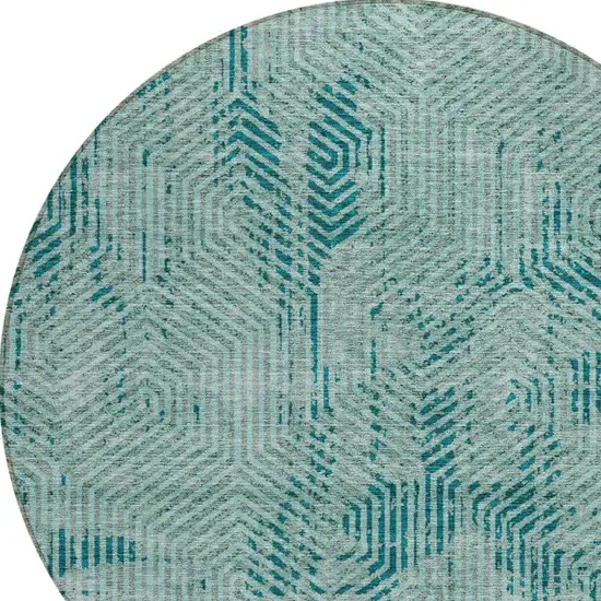 8' Teal Blue And Gray Round Geometric Washable Indoor Outdoor Area Rug Photo 5