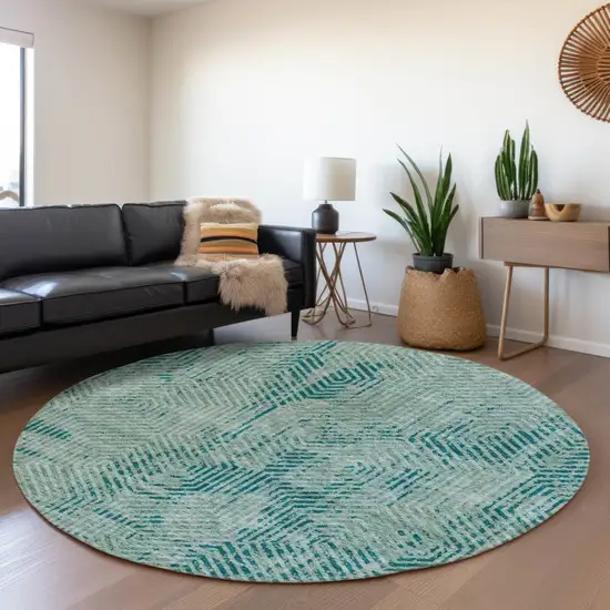 8' Teal Blue And Gray Round Geometric Washable Indoor Outdoor Area Rug Photo 7