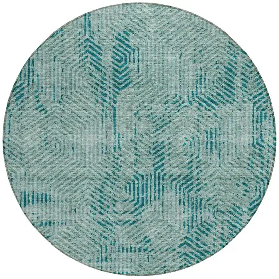 8' Teal Blue And Gray Round Geometric Washable Indoor Outdoor Area Rug Photo 4
