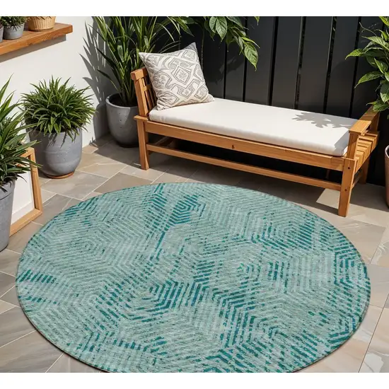 8' Teal Blue And Gray Round Geometric Washable Indoor Outdoor Area Rug Photo 1