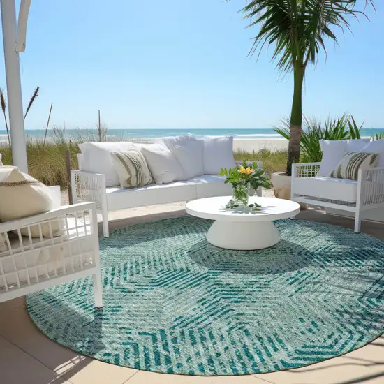 8' Teal Blue And Gray Round Geometric Washable Indoor Outdoor Area Rug Photo 6