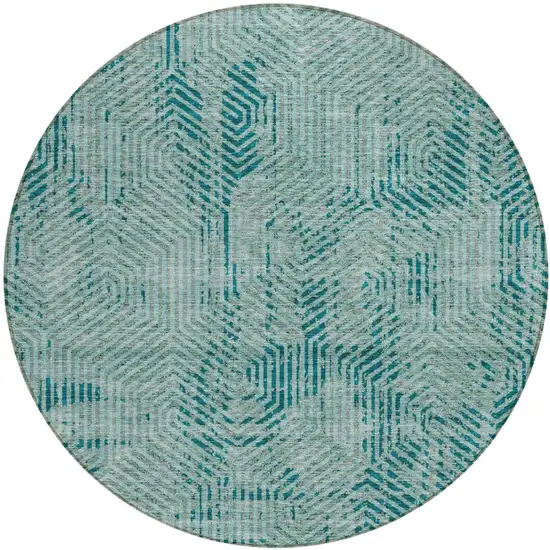 8' Teal Blue And Gray Round Geometric Washable Indoor Outdoor Area Rug Photo 2