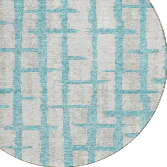 8' Teal Blue And Gray Round Striped Washable Indoor Outdoor Area Rug Photo 4