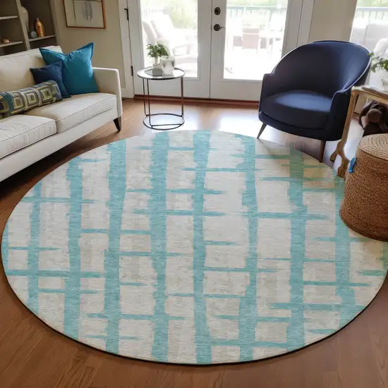 8' Teal Blue And Gray Round Striped Washable Indoor Outdoor Area Rug Photo 7