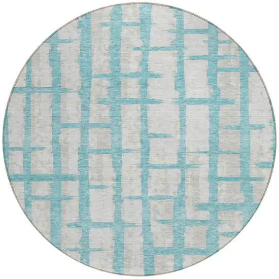8' Teal Blue And Gray Round Striped Washable Indoor Outdoor Area Rug Photo 5