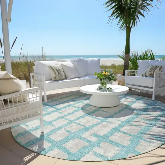 8' Teal Blue And Gray Round Striped Washable Indoor Outdoor Area Rug Photo 6