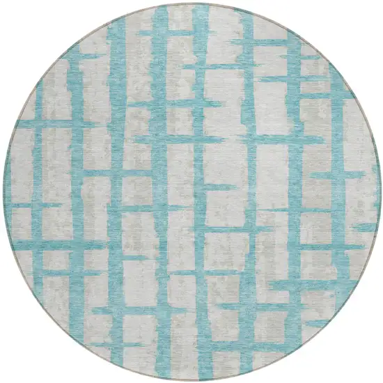 8' Teal Blue And Gray Round Striped Washable Indoor Outdoor Area Rug Photo 2