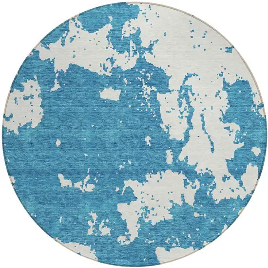 8' Teal Blue And Ivory Round Abstract Washable Indoor Outdoor Area Rug Photo 2