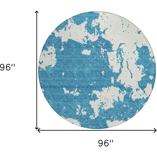 8' Teal Blue And Ivory Round Abstract Washable Indoor Outdoor Area Rug Photo 3