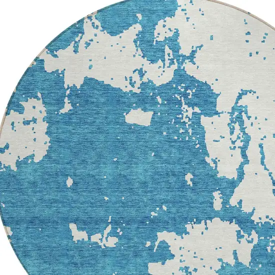 8' Teal Blue And Ivory Round Abstract Washable Indoor Outdoor Area Rug Photo 4