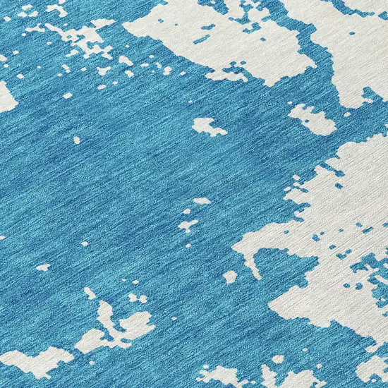 8' Teal Blue And Ivory Round Abstract Washable Indoor Outdoor Area Rug Photo 8