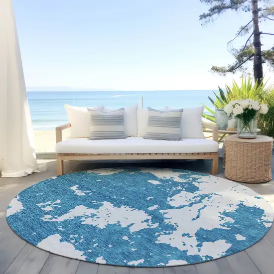 8' Teal Blue And Ivory Round Abstract Washable Indoor Outdoor Area Rug Photo 6