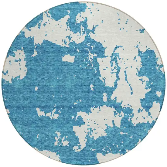 8' Teal Blue And Ivory Round Abstract Washable Indoor Outdoor Area Rug Photo 5