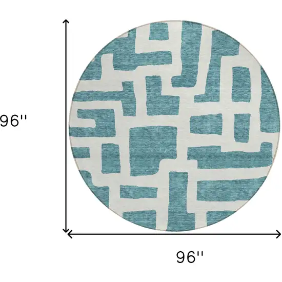 8' Teal Blue And Ivory Round Abstract Washable Indoor Outdoor Area Rug Photo 3