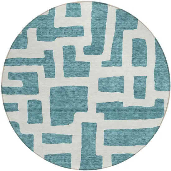 8' Teal Blue And Ivory Round Abstract Washable Indoor Outdoor Area Rug Photo 2